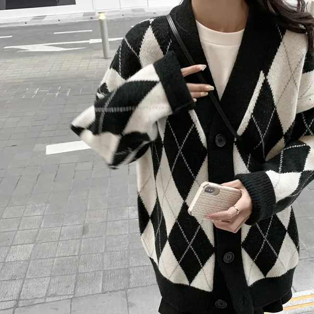 Retro Lazy Loose Rhombus Mid Length Jacket Black Original Buckle - Shop at LoveMi