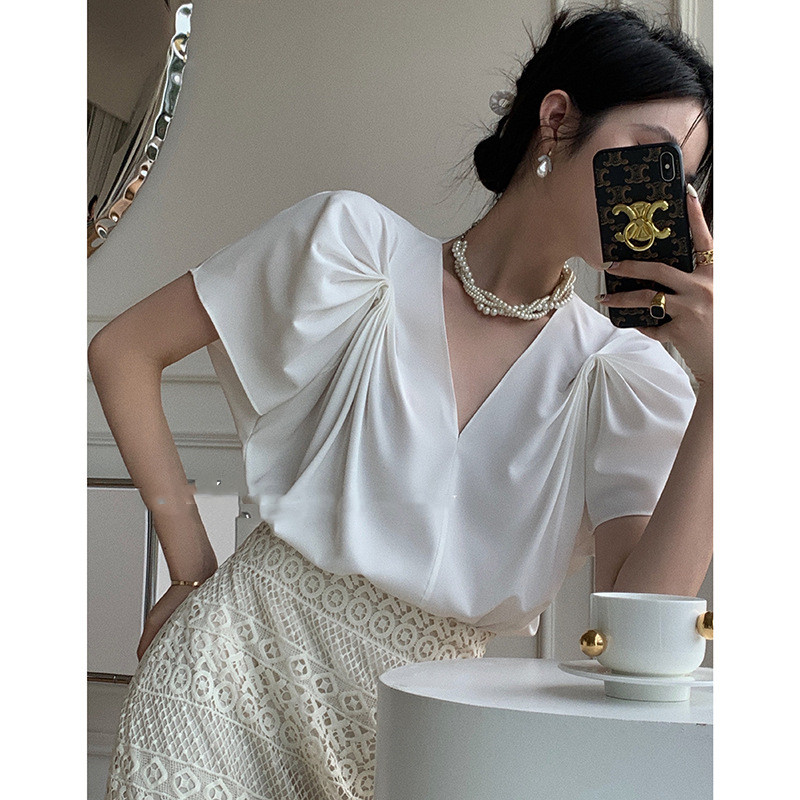 Women's Korean Style Pure Lustrous Pleated Chiffon Top