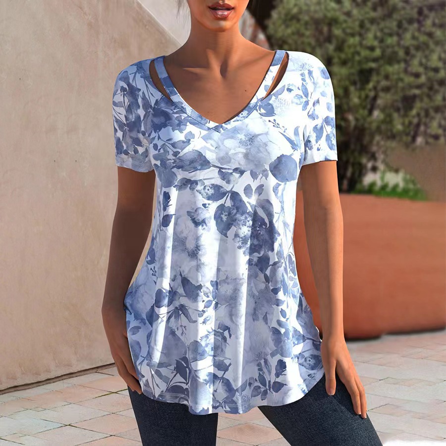 Women's Fashion Plaid Print Short-sleeved Hollow V-neck T-shirt