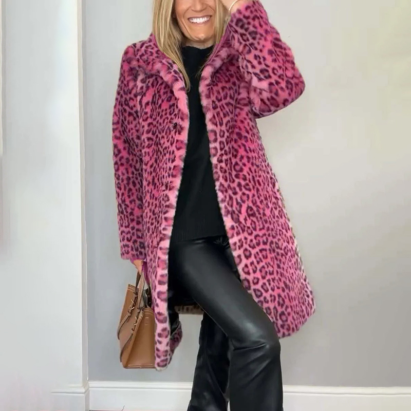 Women's Leopard Print Plush Jacket, Cozy Loose Fit Warm Coat Elegant Medium Length Fall Winter Outwear Pink - Shop at LoveMi