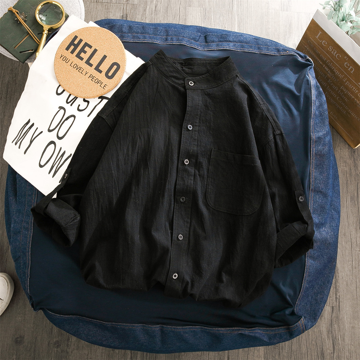 Stand-up Collar Five-point Middle-sleeve Trendy Men's Short-sleeved Shirt