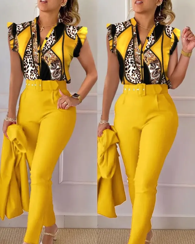 Printed Ruffle Sleeve Top Solid Color Pants Suit With Belt Leopard - Shop at LoveMi