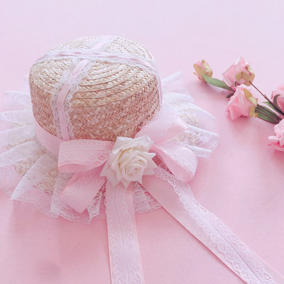 Lolita Lace Straw Hat With Long Ribbon Sweet Bow Lolita Strawberry Straw Hat Straw Hat With Pink Roses - Shop at LoveMi