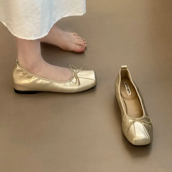 Women Square Toe Soft Leather Bow Decor Ballet Flats, Elegant Shallow Cut Slip-on Casual Shoes