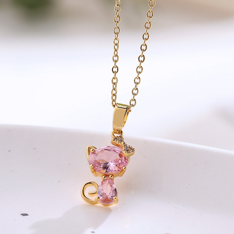 Tiny Crystal Cute Cat Titanium Steel Necklace