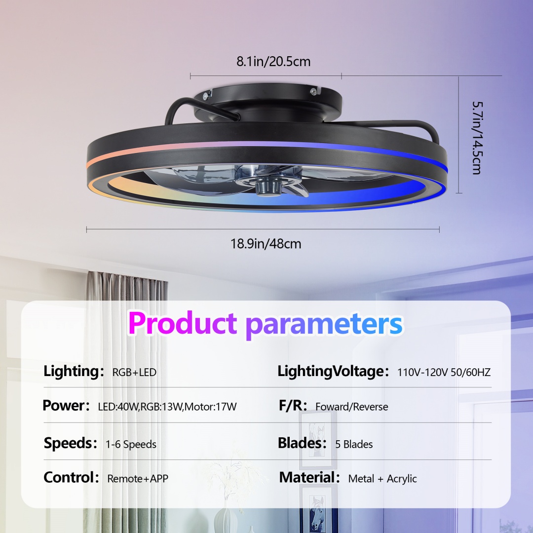 RGB Ceiling Fan With Lights, Low Profile Ceiling Fans With Lights And Remote... 5