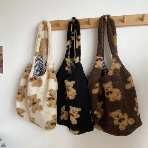 Cute Bear Print Bags Winter Lamb Shoulder Bag Women