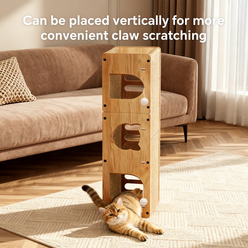 Multi-Functional Cat Tunnel Scratcher, Wood - Corrugated Scratcher, With 2 Teaser Balls, For Cats