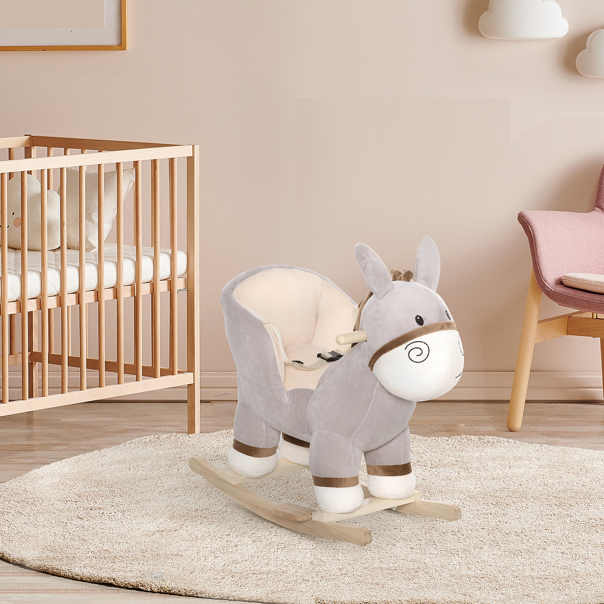 Children's Rocking Horse, Plush Donkey Shaped Riding Chair, With Sound Effects