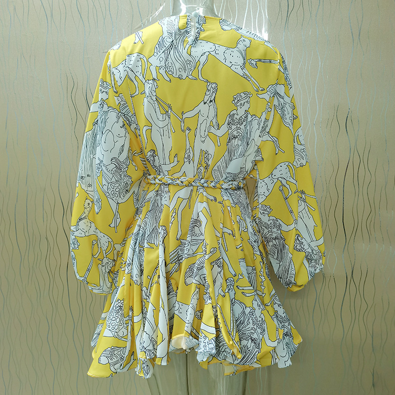 Round Neck Lantern Sleeve Printed Hand-woven Lace-up Slim A Short Dress