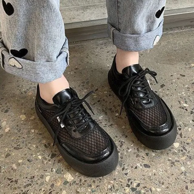 Leather Loafers Top Layer Cowhide Platform Bread Shoes Black - Shop at LoveMi
