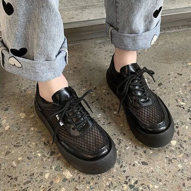 Leather Loafers Top Layer Cowhide Platform Bread Shoes - Black
