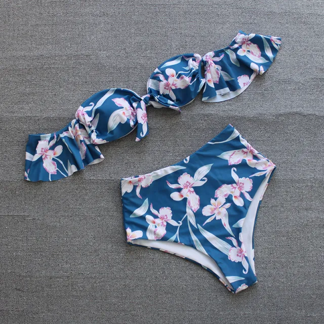 One shoulder Lotus Split High Waist Leaf Print Swimsuit Blue - Shop at LoveMi