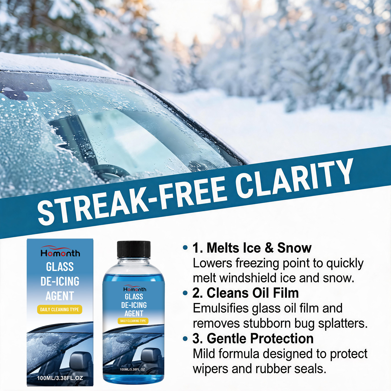 HOMONTH Glass Defrosting Agent For Car Windshields, Daily De-icing, Clear Vision, Convenient And Easy-to-use Care Agent. 5