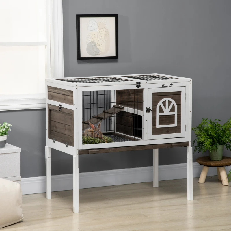 PawHut Wood Rabbit Hutch, Elevated Guinea Pig Cage With Run, Coffee
