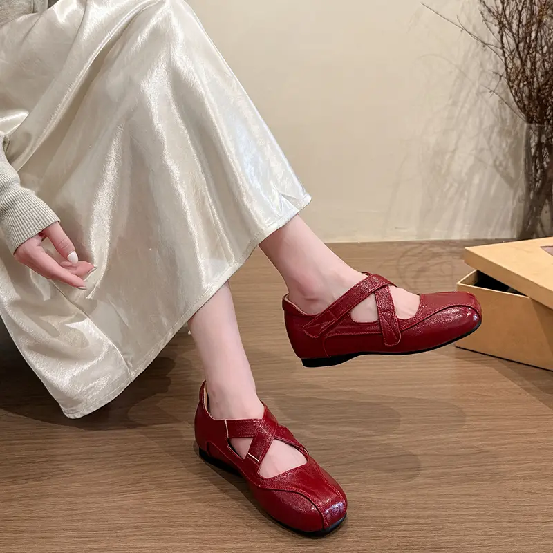 Women Retro French Crisscross Hollow Cutout Mary Jane Flats, Square Split Toe Shiny Metallic Soft Leather Cross Band Slip On Minimalist Casual Daily Doll Loafer