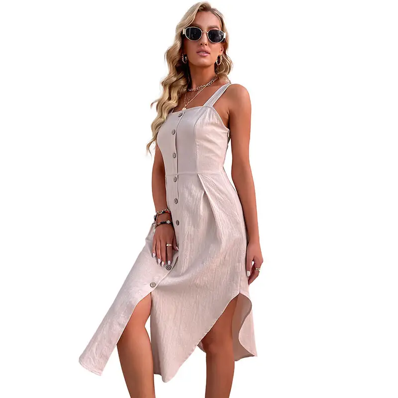 Solid Color Sling Slim Fit Irregular Cotton Linen Dress