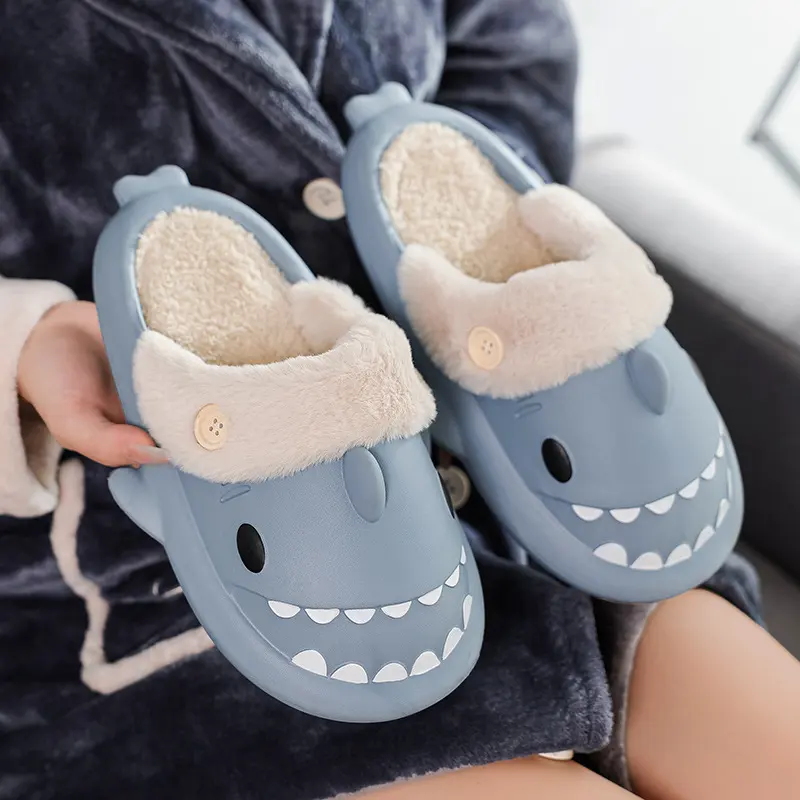 Winter Shark Shoes House Slippers with Button EVA Couple