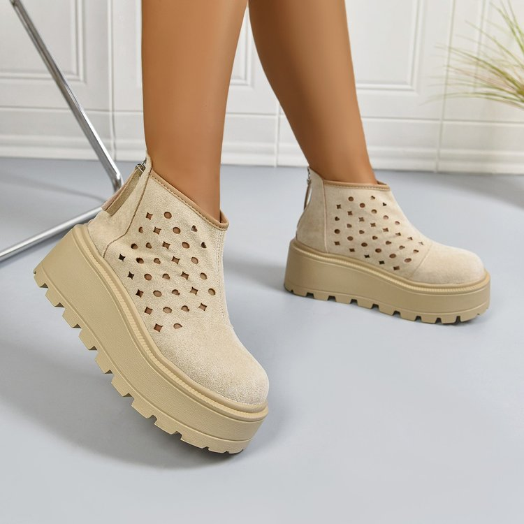 Women's Perforated Platform Ankle Boots, Back Zipper Breathable Wedge Booties, Casual Chunky Sole Cutout Boots