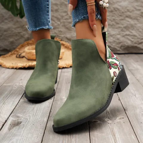 Flowers Printed Ankle Boots Fashion Side Zipper V-cut Square