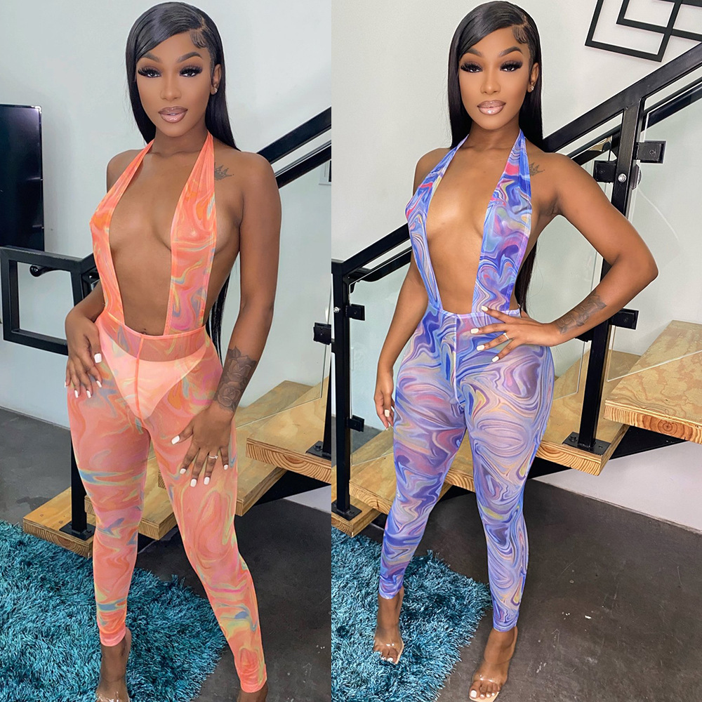 Mesh Printed See-Through Halter Neck Open Back Ladies Jumpsuit
