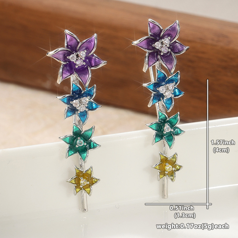 Colorful Flower Stud Earrings Silver Tone Brass Women Black White Crystal Party Fashion Jewelry Elegant