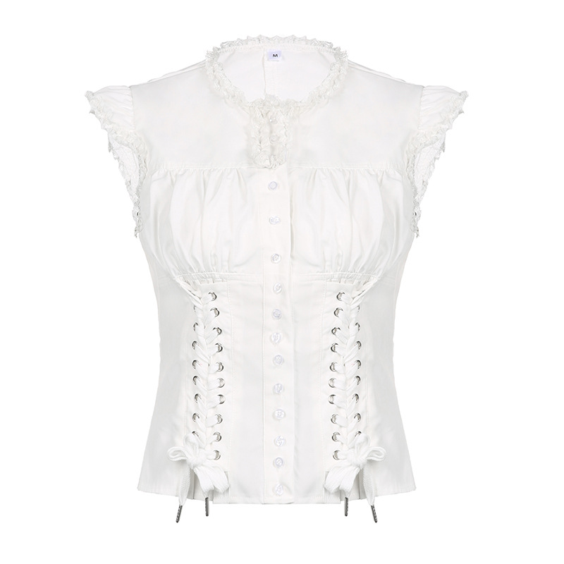 Lace Patchwork Round Neck Shirt For Women White - Shop at LoveMi