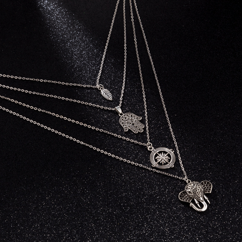 Metal Necklace Elephant Feather Palm Element Carved Pendant Female