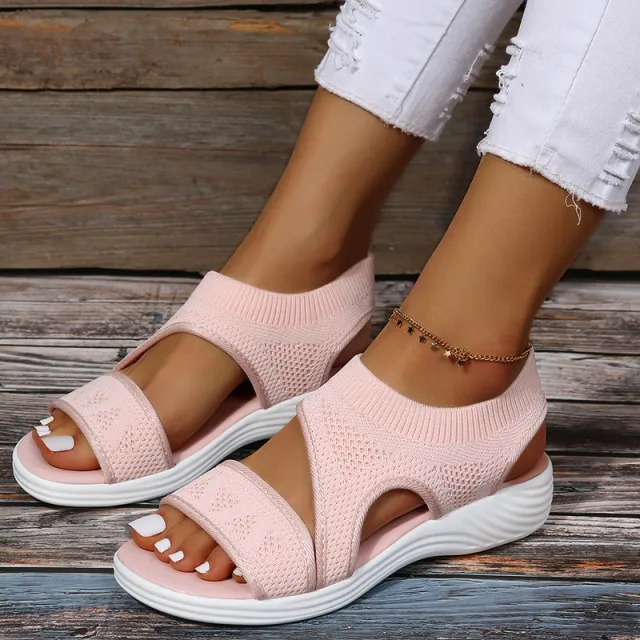 Solid Color Fish Mouth Heel Fly Woven Mesh Casual Sandals Pink - Shop at LoveMi