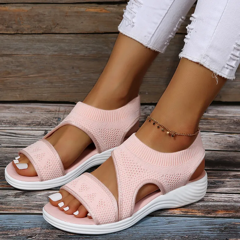Solid Color Fish Mouth Heel Fly Woven Mesh Casual Sandals - Pink