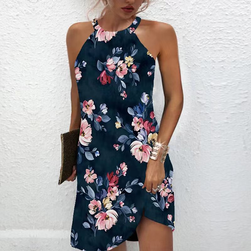 Casual Print Sleeveless Hanging Neck Hollow Out Dress Navy Blue - Shop at LoveMi