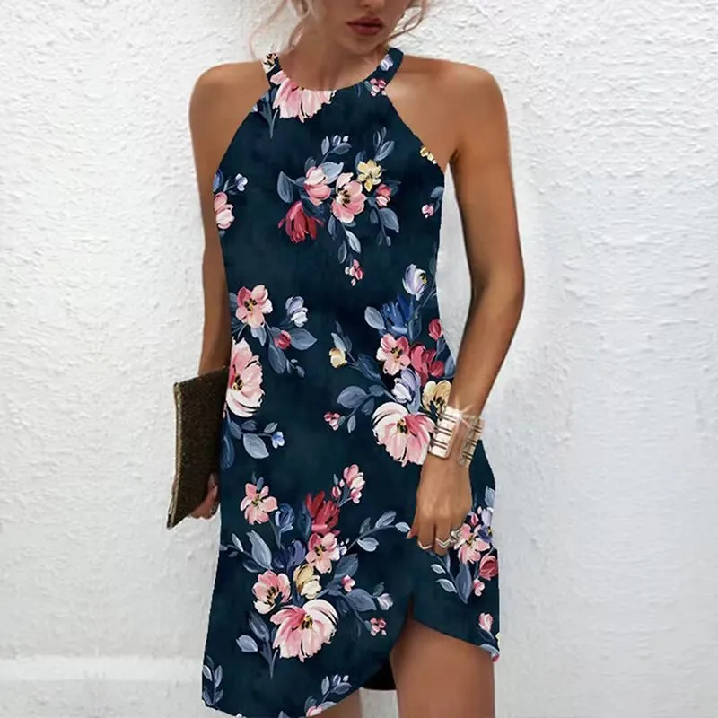 Casual Print Sleeveless Hanging Neck Hollow Out Dress - Navy Blue