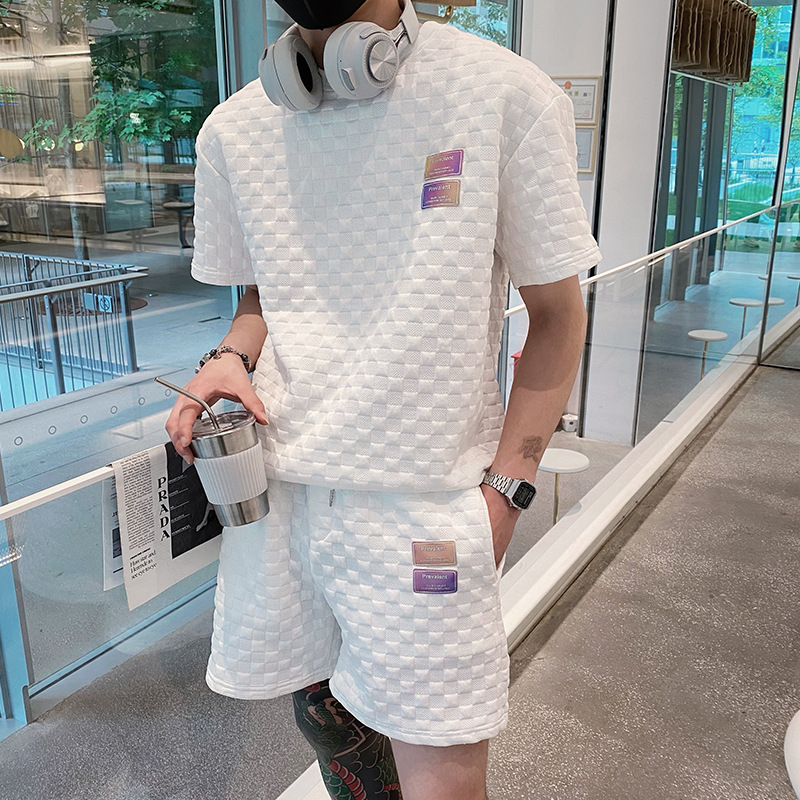 Waffle Short Sleeve Shorts Loose Two Piece Set