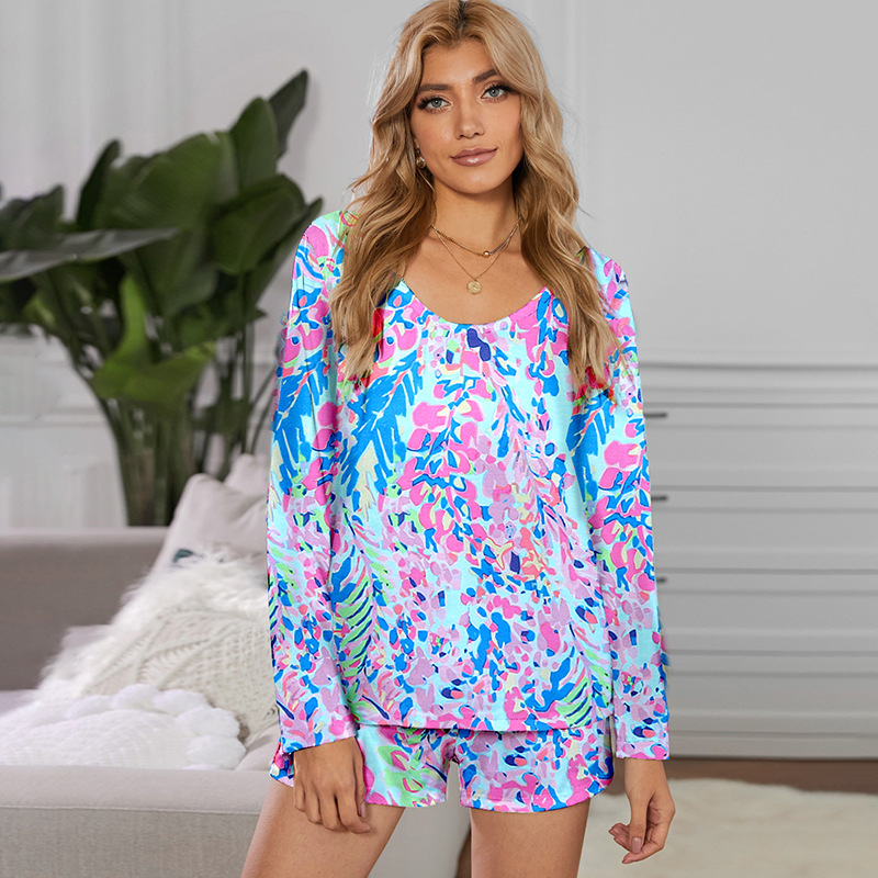 Home Long Sleeve Shorts Casual Print Top Women's Suit