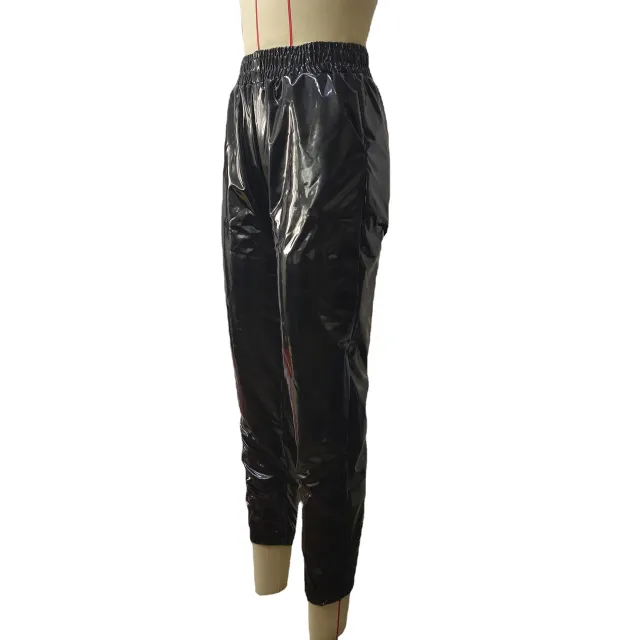 Super Bright PU Casual Women's Leather Sweatpants Black - Shop at LoveMi