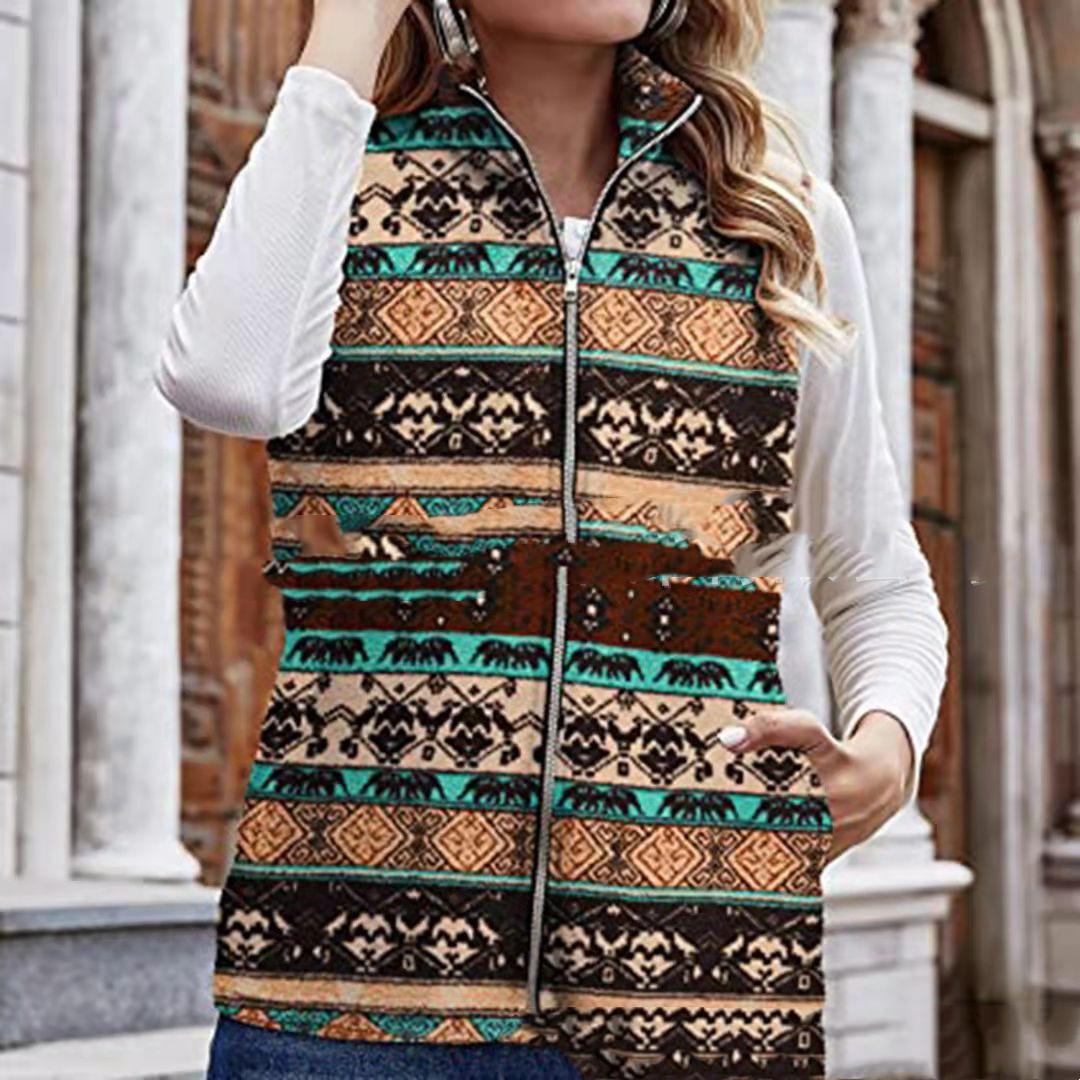 New Retro Printed Plush Zipper Vest