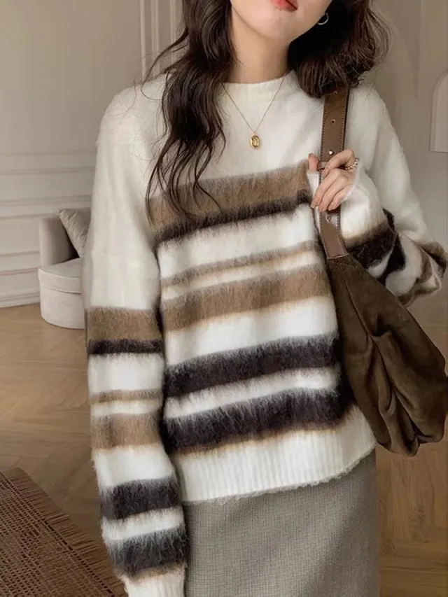 Contrast Color Loose Pullover Coat Tide Coffee - Shop at LoveMi