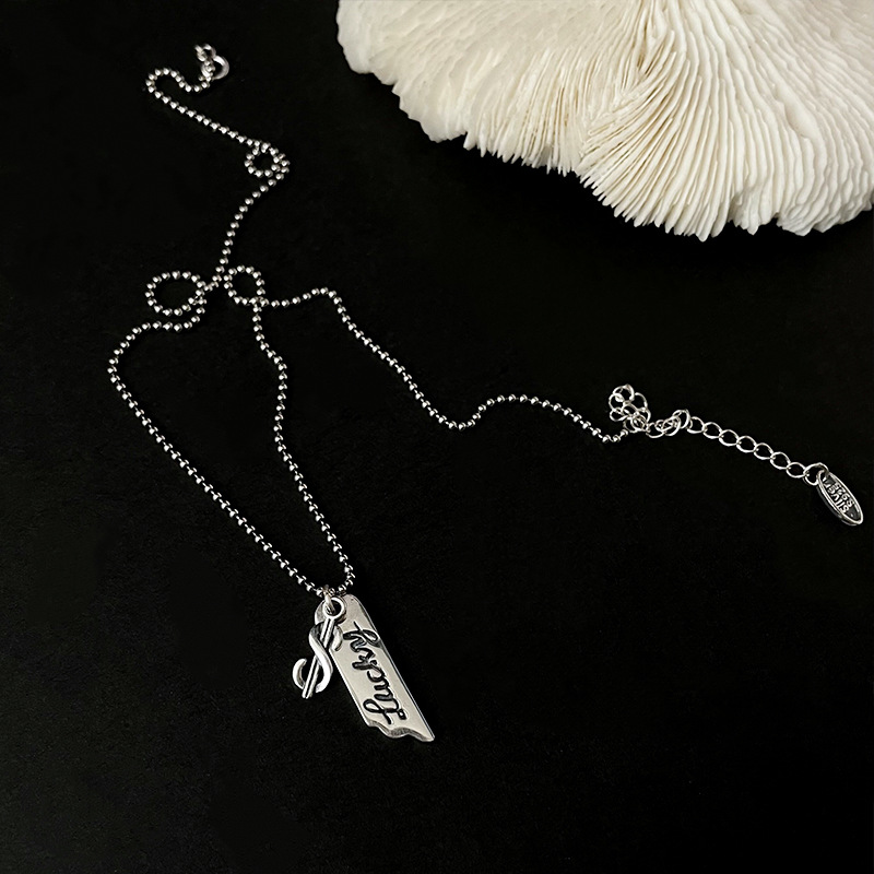 S925 Sterling Silver English Letter Luck Good Luck Vintage Round Bead Necklace