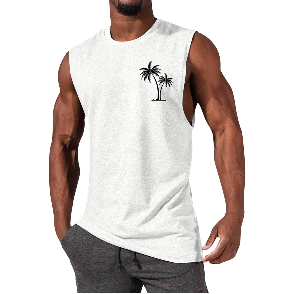 Coconut Tree Embroidery Vest Summer Beach Tank Tops Workout Muscle Men Sports Fi