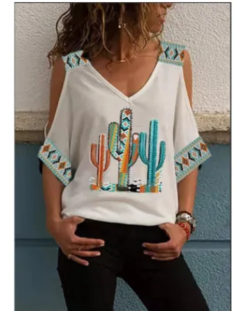 Loose Off the shoulder Mid sleeve Retro Print T shirt Summer European And American Women's Tops 8Style - Shop at LoveMi