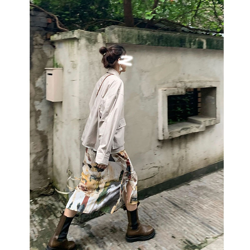 Abstract Oil Painting Style Split Lace Straight Skirt For Women