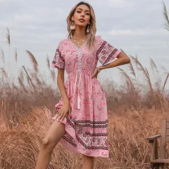 Floral Lace-Up Short Sleeve V-Neck Bohemian Dress - Pink - View 1