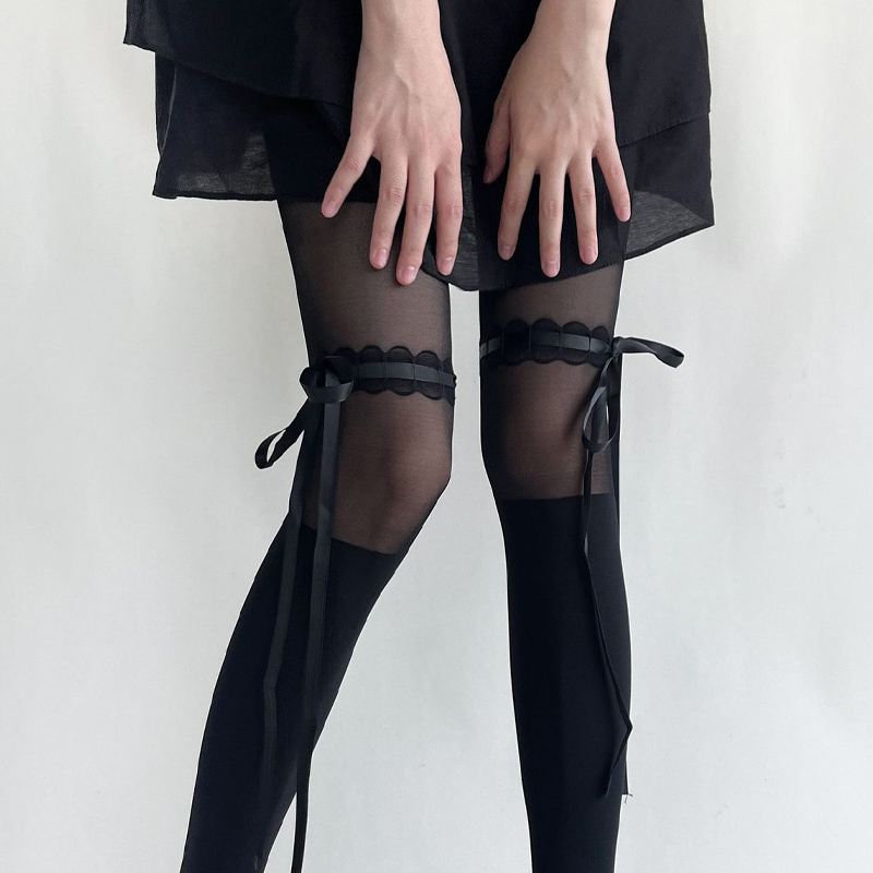 Pure Desire Style Lolita Patchwork Stockings, Summer Thin Style For Women, Slimming Bandage Bow Ballet Style Black Pantyhose