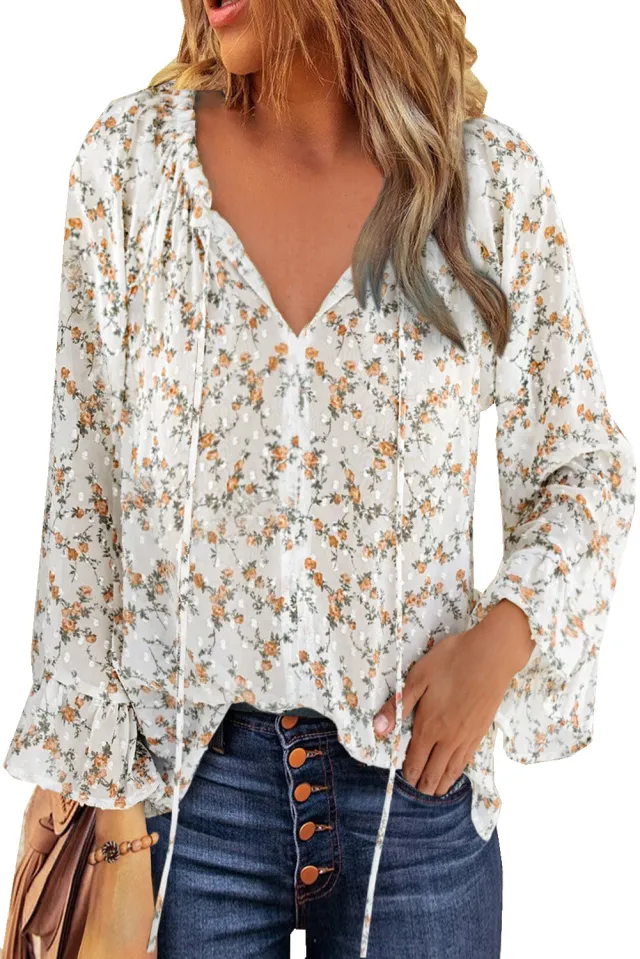European And American High end Women's V neck Printed Top Lantern Sleeves Floral Chiffon Shirt C Floral - Shop at LoveMi