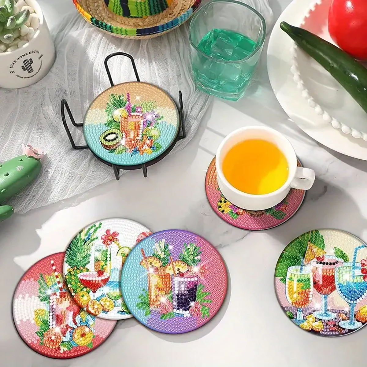 Diamond Art Drawing Coaster With Bracket, DIY Fruit Pattern Diamond Art Coaster, Suitable For Adults And Beginners Diamond Drawing Kit, Diamond Kit Craft Supplies, Exquisite Gifts For Friends