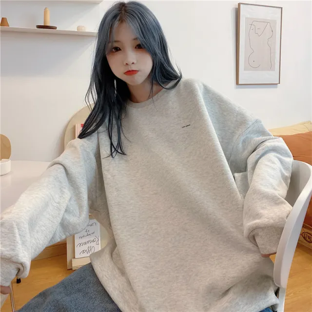 Dinosaur Embroidery Sweater Women Loose Large Size Long sleeved Round Neck Casual Top Grey - Shop at LoveMi
