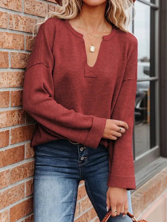 Solid V neck Knitted European And American Curly Sweater Women Wine - Shop at LoveMi