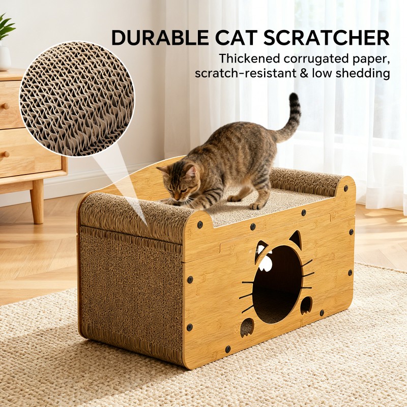 56cm Whisker Cat Shape Cat Scratcher Sofa, Wooden Cat Bed With Upper Scratcher & Lower Private Space, Cat Claw Care & Resting Toy