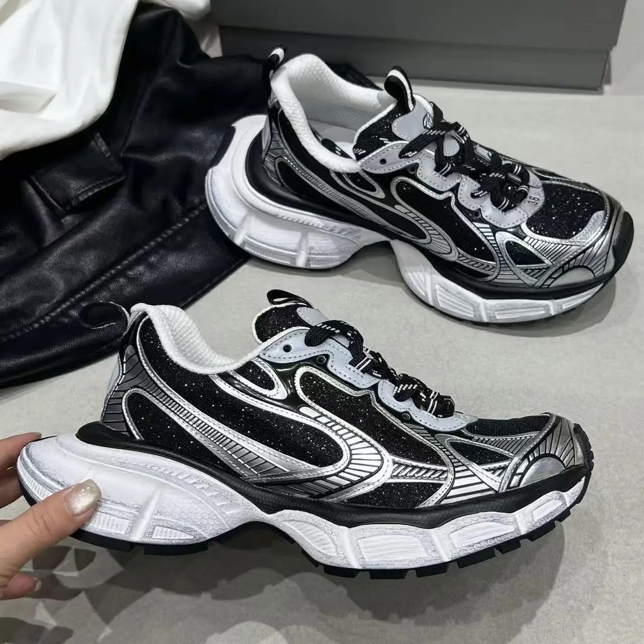 Women Sequin Dad Sneakers, Thick Platform Wing-tip Casual Dirty Shoes