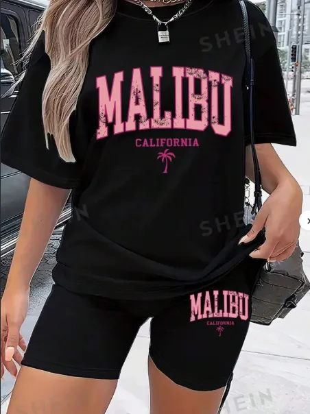 Women's Round Neck Letter Printed Casual Short Sleeve T Shirt And Shorts Set, Summer Black - Shop at LoveMi